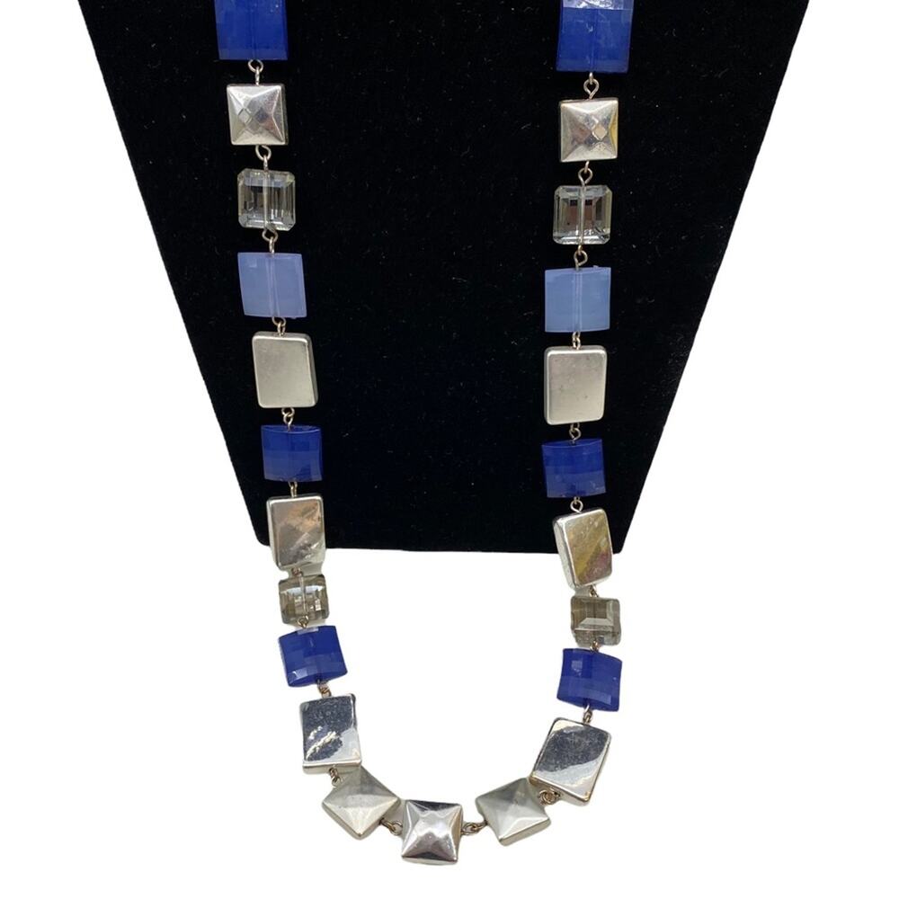 Lagenlook long Blue and Silver beaded necklace